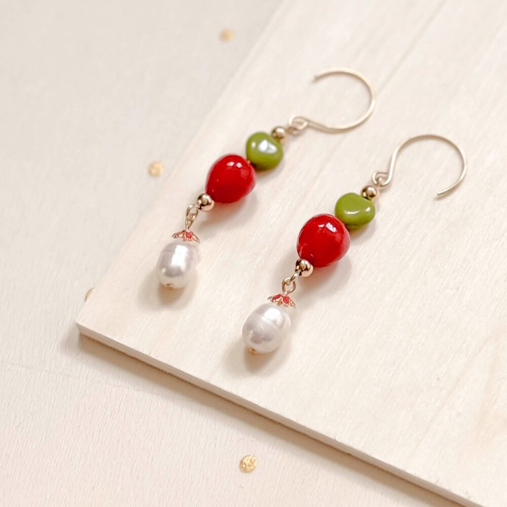 Apple Red Heart Beaded Drop Earrings Pearl Gold | Cute Artisan Statement - Picture 8 of 11